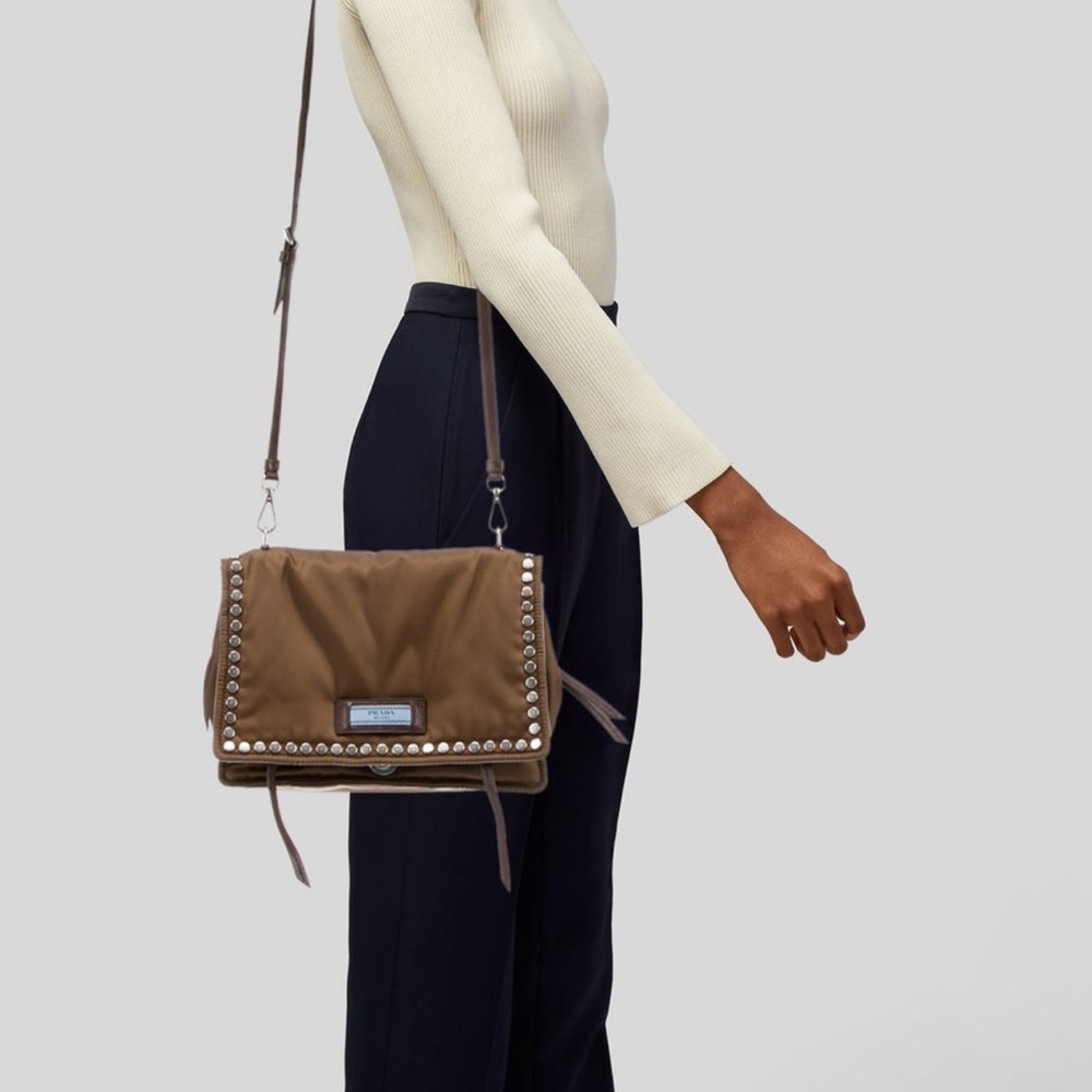 Prada etiquette small leather studded. Tan crossbody